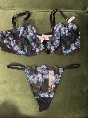 Victoria's Secret Black Bra with Blue, Teal & Purple Lace v string